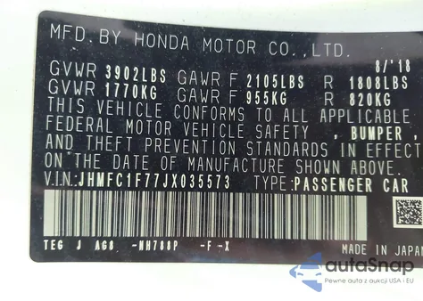 2018 Honda Civic Ex-L из США, поврежденный, VIN JHMFC1F77JX035573